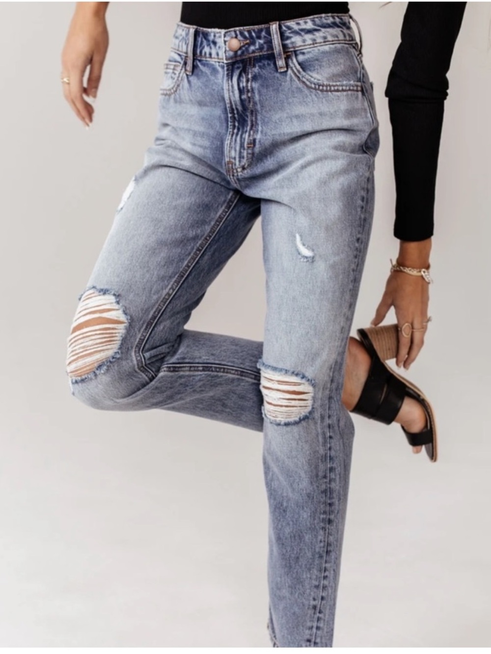 bohme Mom Jeans in Light Wash Distressed - Picture 2 of 11